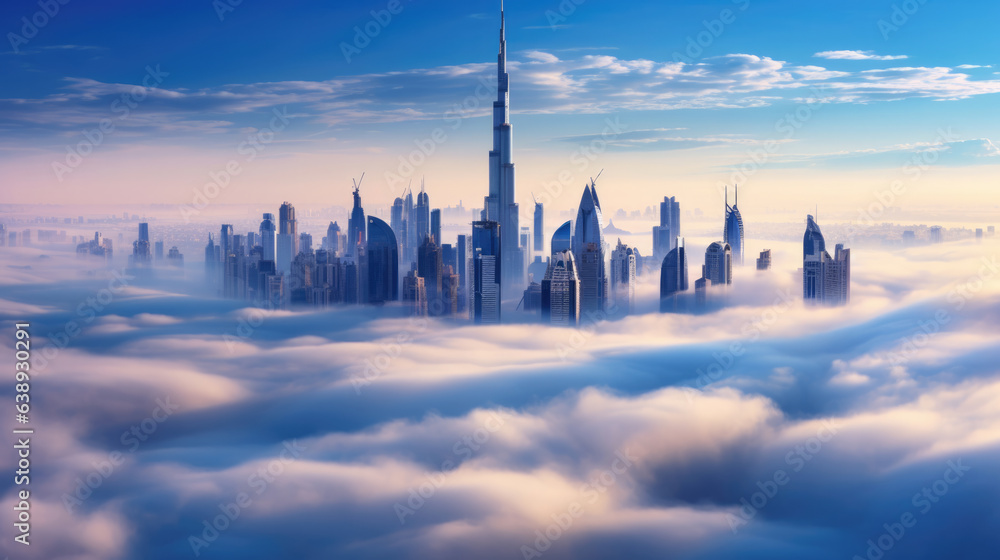 Dubai downtown is covered with dense fog in the winter. - obrazy, fototapety, plakaty 