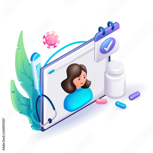 3D Isometric people character illustration. Cartoon girl buys medicines online. Recipe for protection against the virus. Vector for website