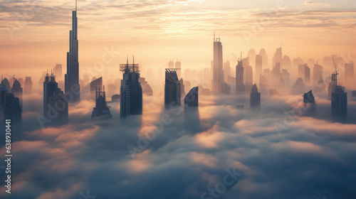 Dubai downtown is covered with dense fog in the winter.
