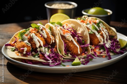 A plate of crispy fish tacos topped with slaw, avocado, and a zesty lime crema. Generative AI