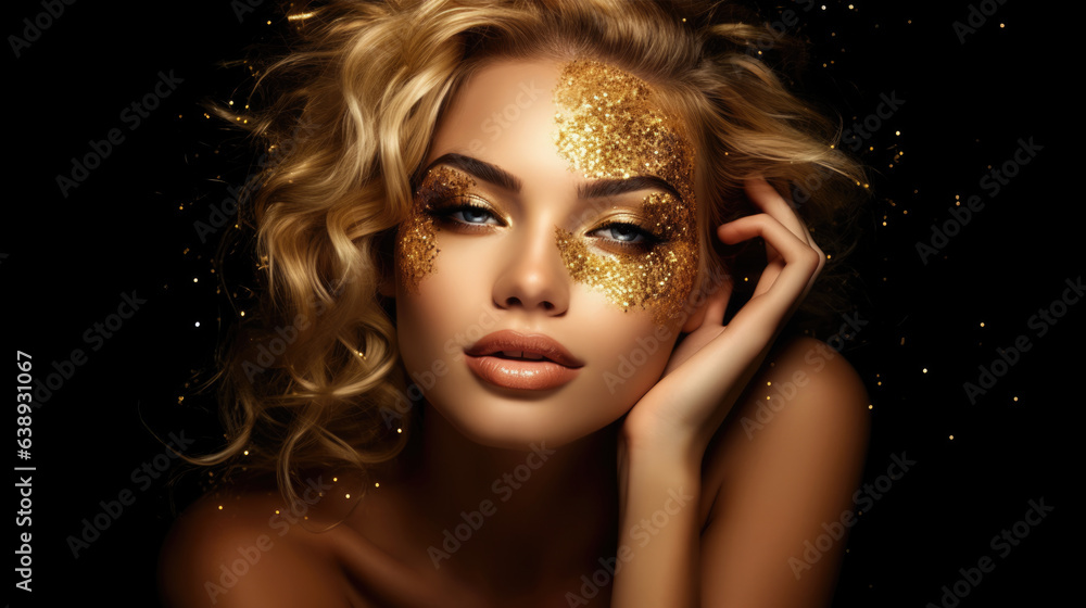 Fashion model woman in golden bright sparkles. Girl with golden skin and hair portrait closeup. Holiday glamour shiny professional makeup on black
