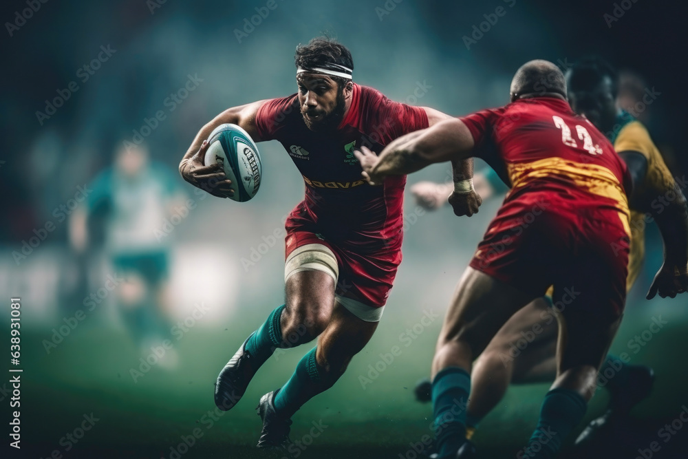 Fierce Rugby Contest: Athletes Vie for Ball Possession Fierce Rugby Contest: Athletes Vie for Ball Possession
