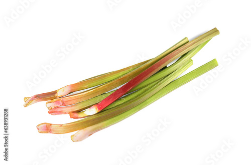 Stalks of fresh rhubarb isolated on white  top view