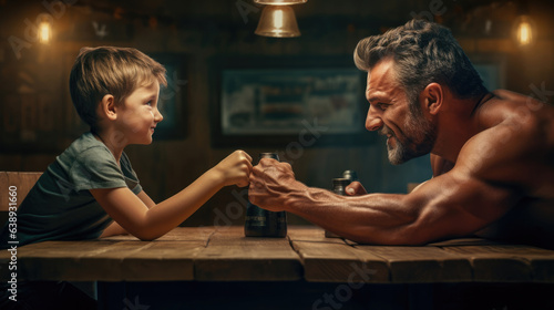 Father and kid arm wrestling competition. photo