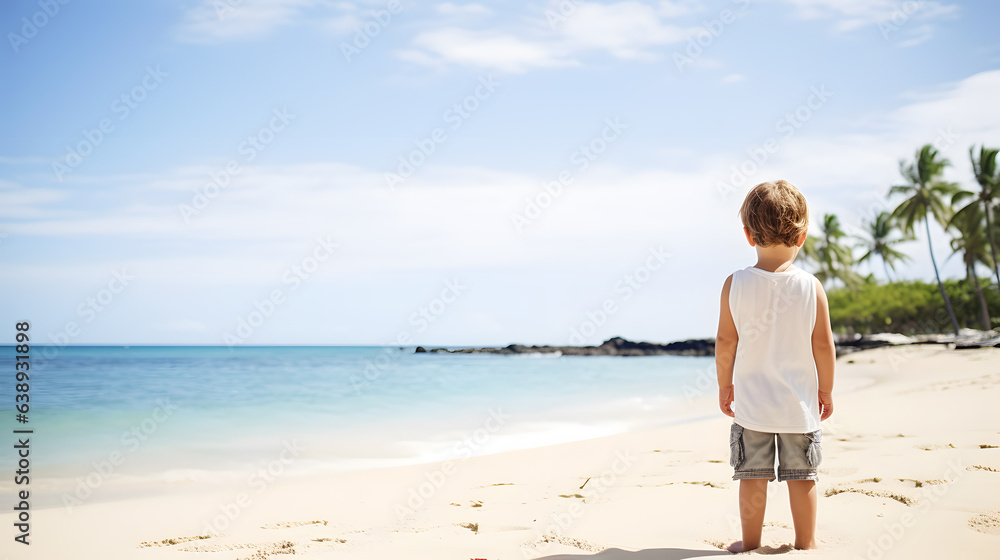 A little boy on vacation on a beach background, back view, looking at the turquoise ocean