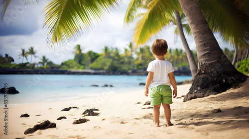 A little boy on vacation on a beach background, back view, looking at the turquoise ocean