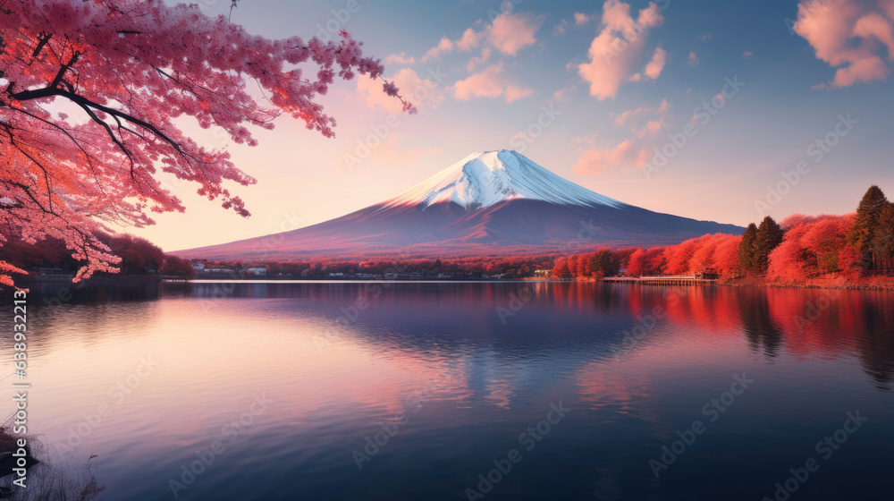 Fuji mountain and Kawaguchiko lake at sunset, Autumn seasons Fuji mountain at yamanachi in Japan. - obrazy, fototapety, plakaty 