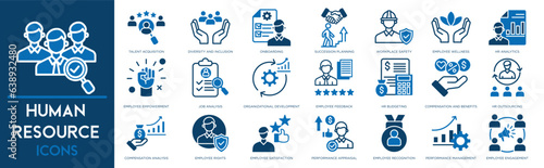 Human resources icons to business process, team work, personnel management, HR, staff rotation, coaching.