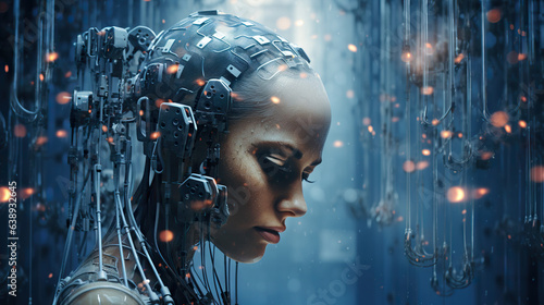Young female humanoid head is connected to a super computer  symbolizing artificial intelligence. Futuristic illustration of the relationship between humans and neural networks. Copy space