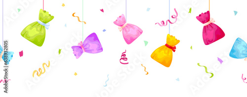 Candy sweet horizontal seamless pattern colorful flat. Banner festive bright confetti explosion firework gift raffle greeting card birthday new year grand opening background ad isolated on white