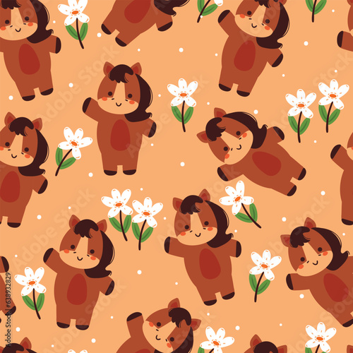 seamless pattern cartoon horse, plant and flower. cute animal wallpaper for textile gift wrap paper