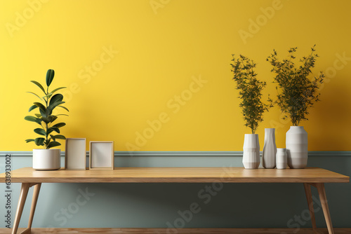 Tisch mit Blumenvasen und Freiraum für eine Produktpräsentation vor einer Mintgrünen und Gelben Wand. Produkt-Template. photo