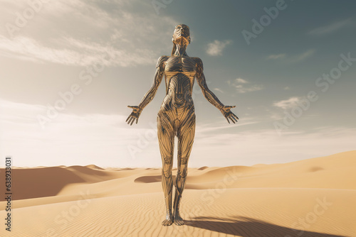 Crome robot woman posing with spread arms. Artificial intelligence rise and shiny. Mechanical beauty. © swillklitch