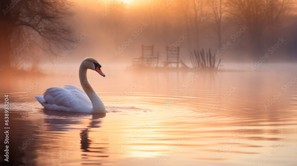 A swan in the lake with mist in the morning