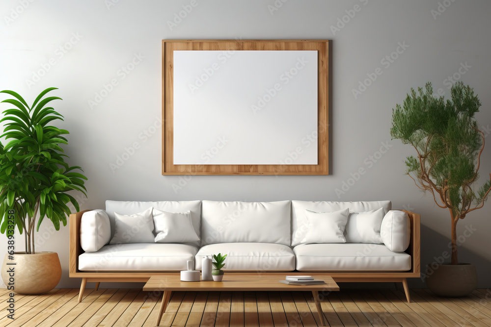 Wohnzimmer mit gemütlichem weißem Sofa und einem großen leeren Bilderrahmen Mockup mit Freiraum vor einer grauen Wand. Wohnzimmer mit gemütlichem weißem Sofa und einem großen leeren Bilderrahmen Mockup mit Freiraum vor einer grauen Wand.