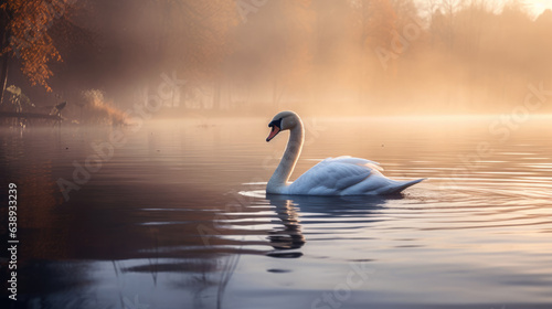 A swan in the lake with mist in the morning