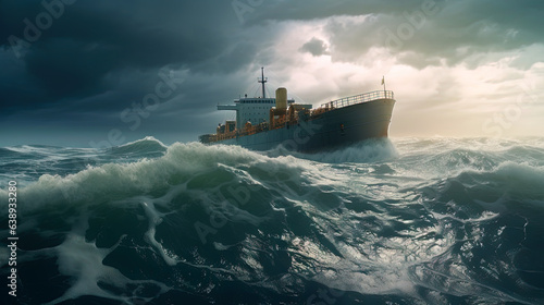 Ship in the stormy sea with huge waves. Giant stormy waves in the ocean and boat. © swillklitch
