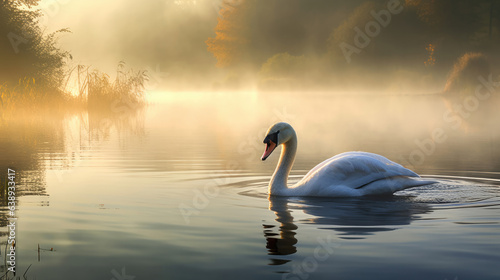 A swan in the lake with mist in the morning