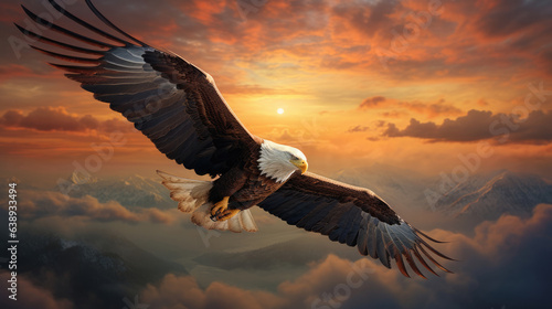 Bald eagle flying above the clouds at sunset
