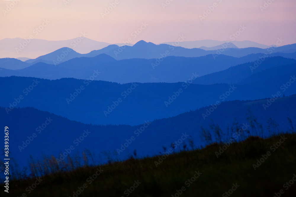 Amazing Carpathian mountains evening layers view near Dragobrat, Ukraine - obrazy, fototapety, plakaty 