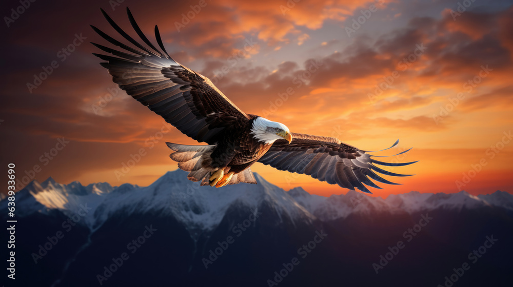 Fototapeta premium Bald eagle flying above the clouds at sunset