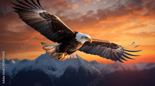 Bald eagle flying above the clouds at sunset © Sasint
