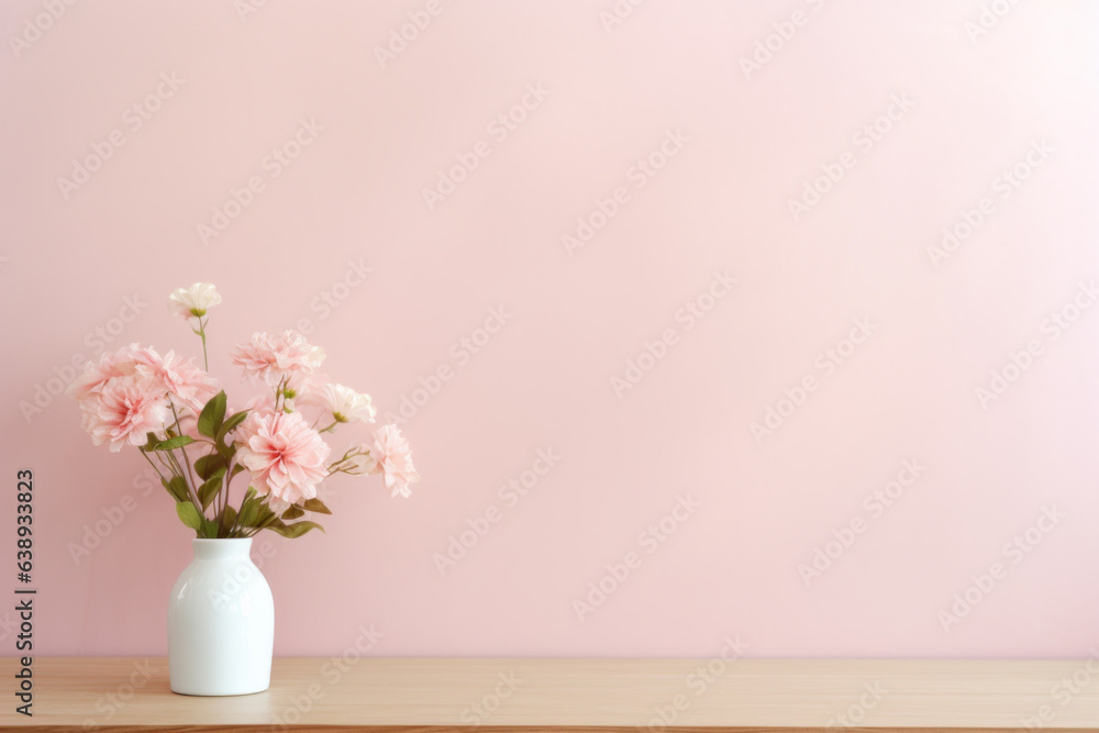Light Pink Flowers in Vase on Pink Background