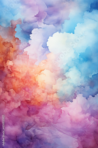 Abstract art, Pastel Rainbow sky with purple, orange, and green clouds in the style of vibrant stage backdrops, with a dark pink and dark orange background