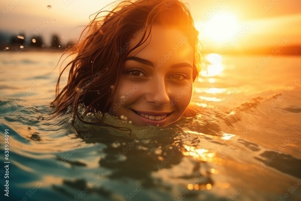 Young cheerful woman bathing in warm tropical sea