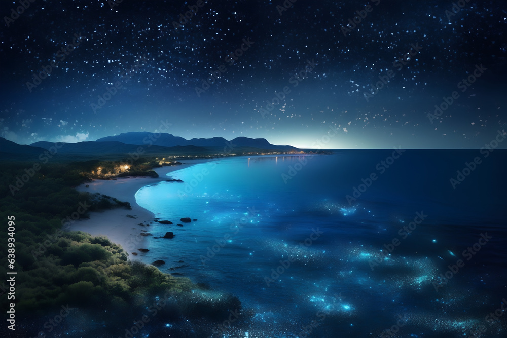 Ocean illuminated with fluorescent lights at night with starry sky, fantasy image for background, poster, print, AI generated