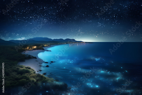 Ocean illuminated with fluorescent lights at night with starry sky, fantasy image for background, poster, print, AI generated