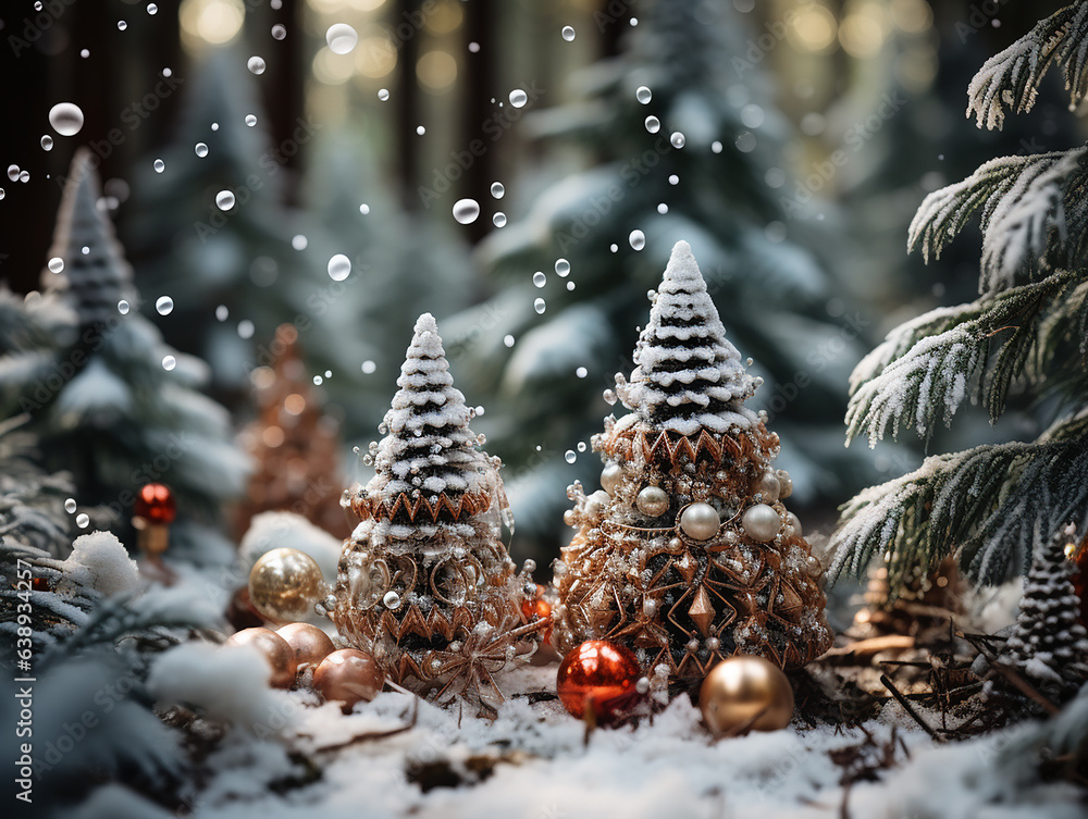 Spruce in the forest, decorated with garlands and Christmas toys, there is snow around. AI generated