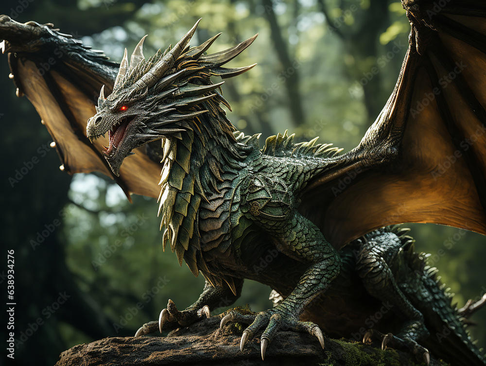 Green dragon with wings in the forest, Chinese style. Symbol of the new year 2024. AI generated Green dragon with wings in the forest, Chinese style. Symbol of the new year 2024. AI generated
