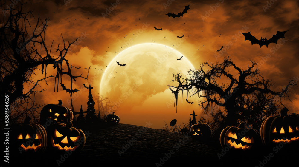 Orange Halloween background with Moon on sky, pumpkins and werewolf, grunge decoration with cobweb, spiders and flying bats