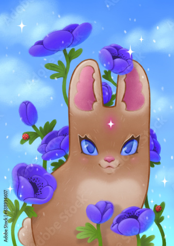 Cute bunny in flowers. Purple flowers on the background of blue sky. Poster for children s room
