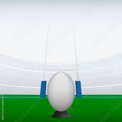 Square illustration of preparing for ball kick in rugby game. Rugby ball on the field.