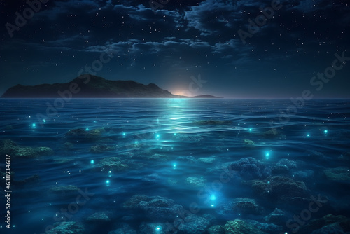 Sea illuminated with fluorescent lights at night with starry sky, fantasy image for background, poster, print, AI generated
