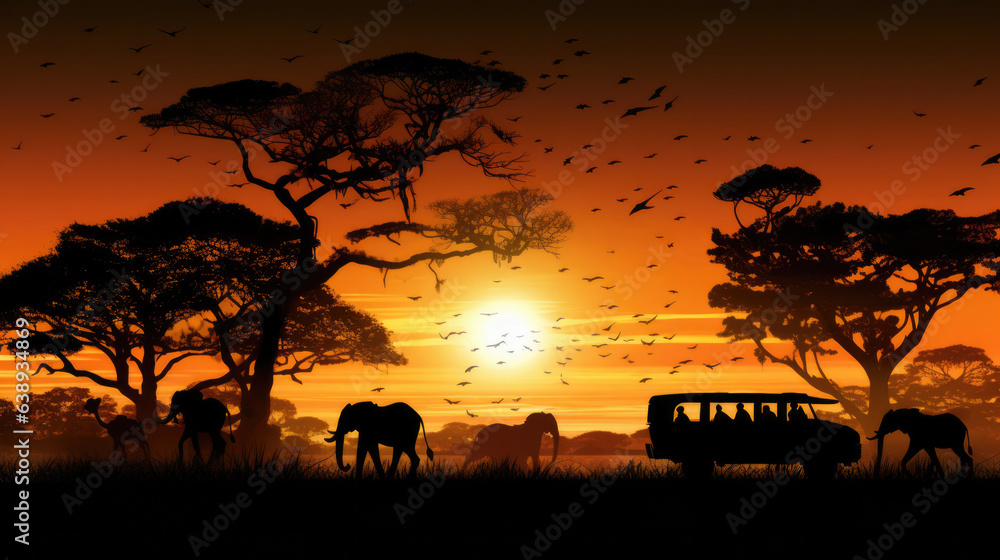 Naklejka premium Silhouette of African safari scene with animals and vehicle