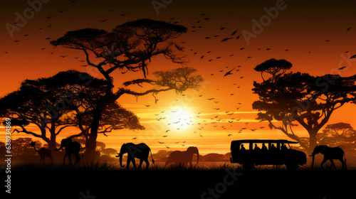 Silhouette of African safari scene with animals and vehicle © Sasint