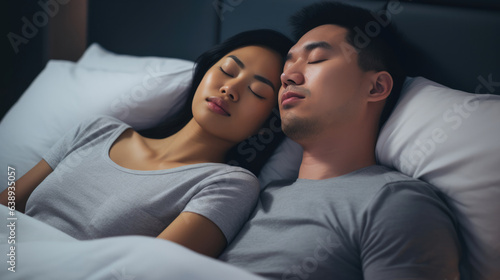 Snoring man. Couple in bed, men snoring and women can not sleep, covering ears with pillow for snore noise. Young interracial couple, Asian woman, Caucasian men sleeping in bed at home.