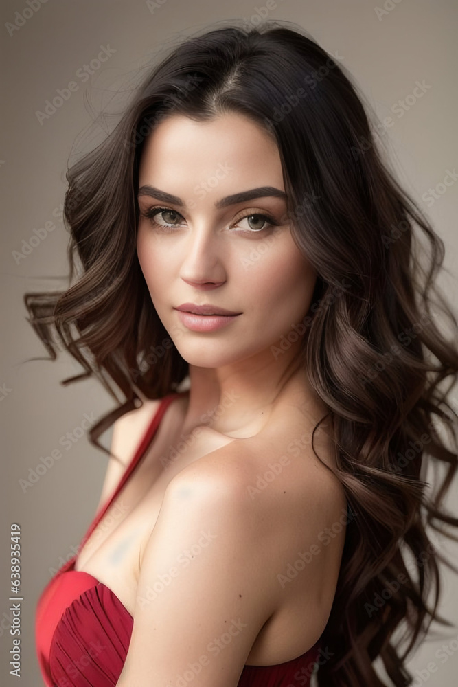 Close-up portrait of a brunette model in a rich red silk dress on a gray background