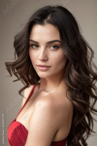 Close-up portrait of a brunette model in a rich red silk dress on a gray background