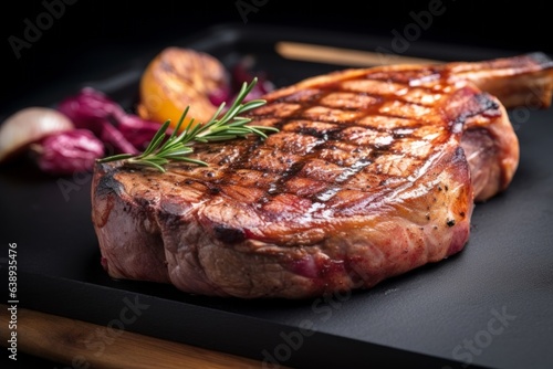 Pork steak showing the tender pink middle ringed with a deliciously cooked exterior on a black slate