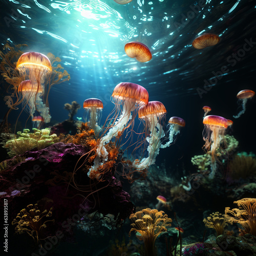 Beautiful jellyfish swim in their habitat, transparencies, lights and colors of effect 
