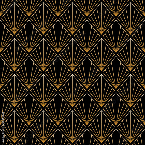 Abstract geometric seamless pattern. Diamond, rhombus tiles with dainty linear ornament of gold shining rays on black background. Luxury ar deco retro design