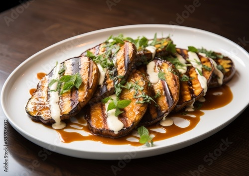 grilled miso-glazed eggplant, cut into segments exhibiting the soft, creamy interior juxtaposing the crispy exterior