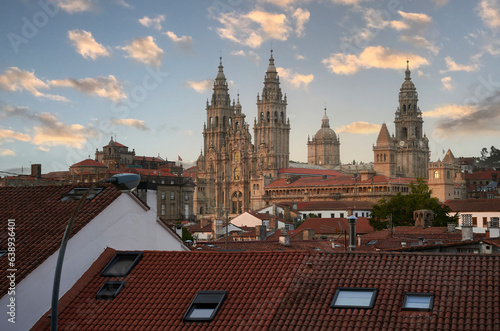 view of the facade of the cathedral of Santiago de Compostela from the viewpoint of the mall at sunset