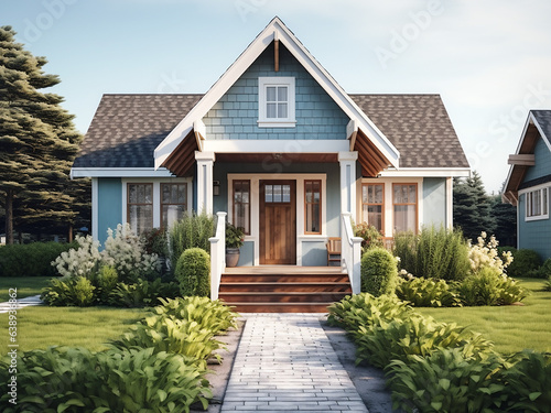 Cottage in calming blue tones, cozy house exterior. AI generative.