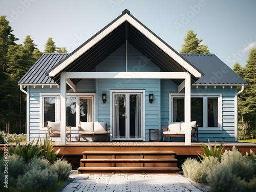 Blue cottage with a charming, well-lit design. AI generative.