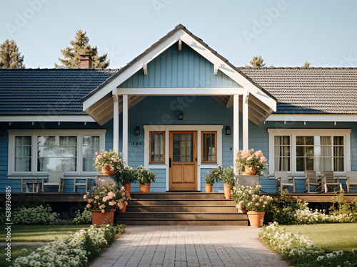 Blue cottage showcasing a tranquil exterior. AI generative. © Llama-World-studio